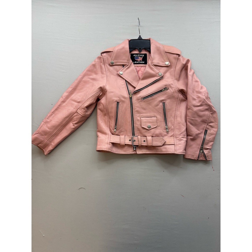 Allstate Leather Pink Motorcycle Biker Jacket Belted Pebbled Leather Womens